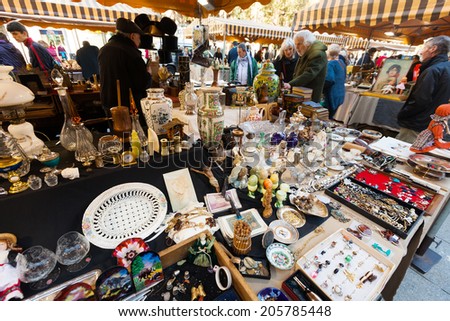 BARCELONA, SPAIN - FEBRUARY 20, 2014: Flea market at square before Barcelona Cathedral