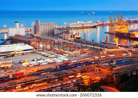 BARCELONA, SPAIN - APRIL 5, 2014: Industrial port de Barcelona in night, Spain.  One of the largest port in Mediterranean, has more than 3,000 metres of berthing line