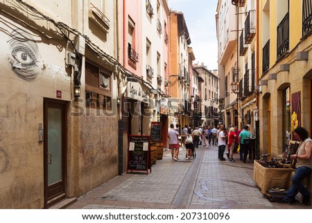 LOGRONO, SPAIN - JUNE 28, 2014: Narrow street with restaurants . Logrono, Spain