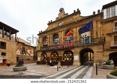 HARO, SPAIN - JUNE 28, 2014: View of Town Square in Haro, La Rioja.  The town  is known for its fine red wine and every year the Haro Wine Festival