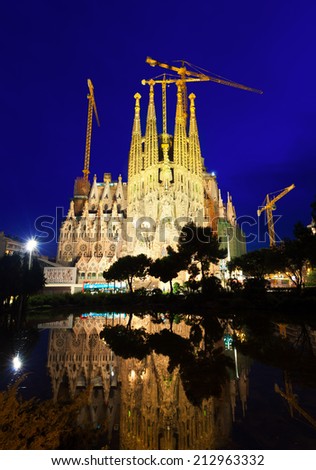 BARCELONA, SPAIN - JULY 14: Sagrada Familia in night in July 14, 2013 in Barcelona, Spain.  Building is begun in 1882 and completion is planned in 2030