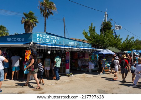 EBRO DELTA, SPAIN - AUGUST 13, 2014: Kiosks with souvenirs at delta of Ebro river in summer day. Catalonia, Spain