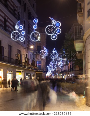 BARCELONA, SPAIN - DECEMBER 2: Night view of Barcelona on December 2, 2013 in Barcelona, Spain. Christmas decorations on city streets