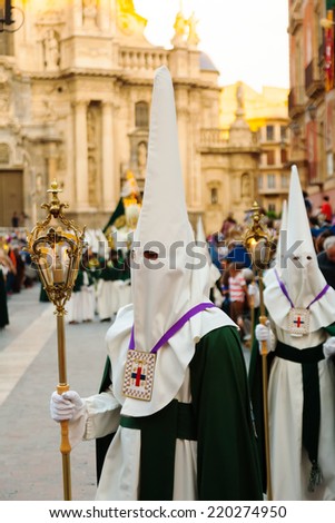 MURCIA, SPAIN - APRIL 15, 2014: Holy Week in Spain. Holy Week is  annual commemoration  by Catholic religious brotherhoods, processions on the streets