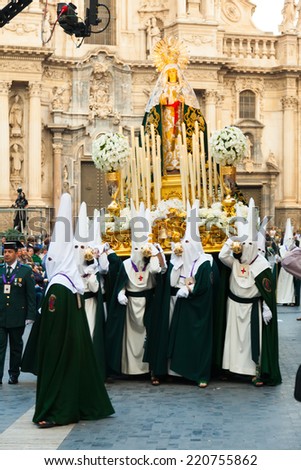 MURCIA, SPAIN - APRIL 15, 2014: Holy Week in Spain. Holy Week is  annual commemoration by Christian religious brotherhoods, processions on the streets of almost every Spanish city