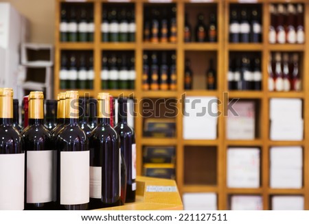 Counter of wine bottles at the wine shop