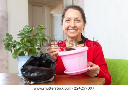 Mature woman works with  flower pots at  home