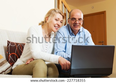Mature couple with computer at table at home