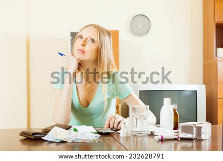 pensive woman counting the cost of medications for treatment at home