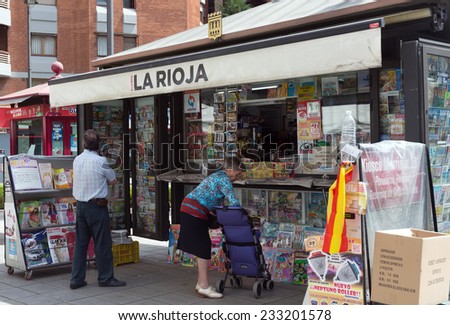 LOGRONO, SPAIN - JUNE 28, 2014:  News stands in Logrono, Spain. Outdoor stands with newspapers and magazines