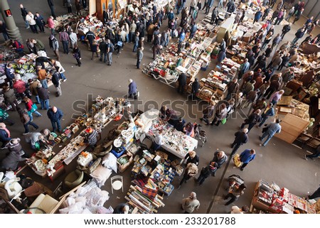 BARCELONA, SPAIN - MARCH 10, 2014: Top view of Mercat de Encants flea market in Barcelona, Spain. It is one of the oldest markets in Europe, has been known since the 14th century