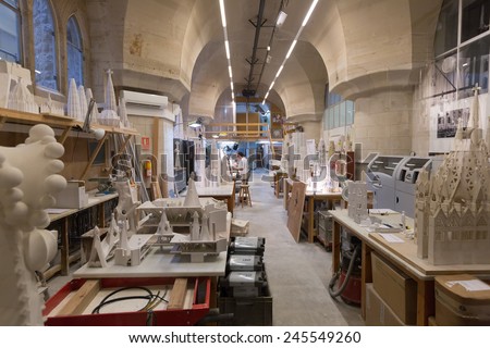BARCELONA, SPAIN - DECEMBER 22, 2013: Work on  construction of Sagrada Familia in Barcelona.   Church by  architect Gaudi, building is begun in 1882 and completion is planned in 2030
