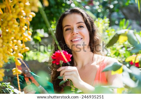 Happy casual dressed woman with a secateurs in the yard gardening with roses closeup