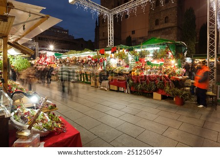BARCELONA, SPAIN - DECEMBER 2: Traditional toys and gifts at Christmas Market in night on December 2, 2013 in Barcelona, Spain