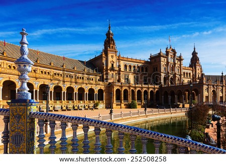 central building and river at  Plaza de Espana. Seville, Spain