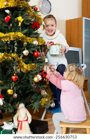 Smilling sisters helping each other to decorate New Year tree in apartment
