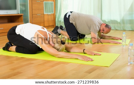Elderly couple warming up muscles before exercising at home