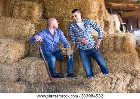 Farmers resting and talking on a hayloft. One farmer is holding a straw in his mouth and another one is grabbing straw with his hand