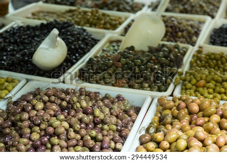 Market counter with pickled olives