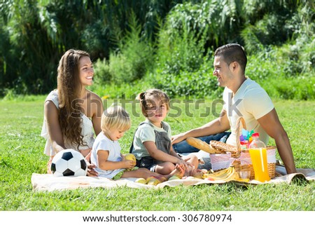 Positive smiling family of four on picnic at summer day