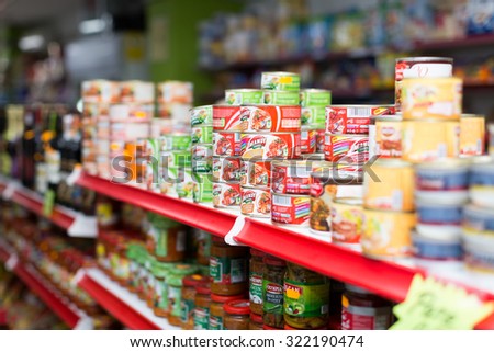 BARCELONA, SPAIN - MARCH 22, 2015: Canned goods at groceries section of average Polish supermarket