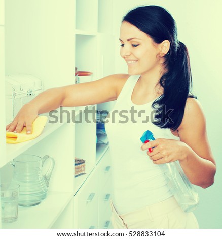 Young brunette woman  wipes furniture from dust by means of rag