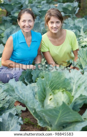 Two women  in plant of cabbage