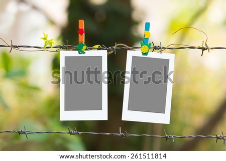Photo Frames on barbed wire with colored clothespins