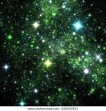Abstract sparkle green starry night sky. Fantasy shiny background for Christmas designs. Fractal art