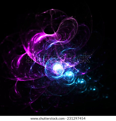 Abstract light neon trail. Magic color swirl background on black. Digital artwork for creativity design. Fractal art.