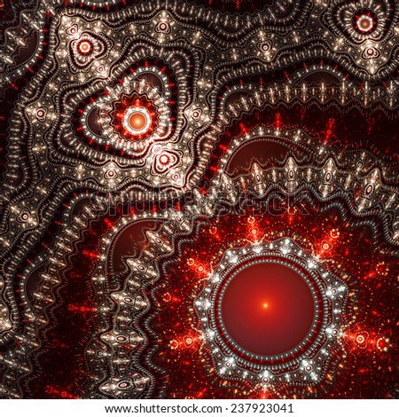 Abstract luxury ornate sparkle red and silver bright pattern. Brilliant ornament background. Glowing decorated cover for booklet, flyer, album, invitation for holiday. Digital artwork. Fractal art