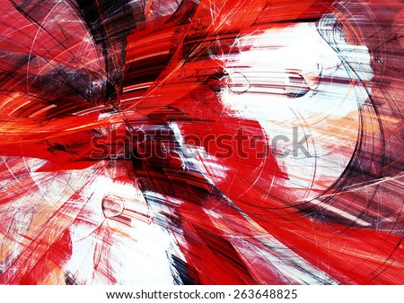Red and white lines in motion. Abstract bright textured pattern. Modern futuristic concept background for wallpaper, interior, flyer cover, poster, booklet. Fractal art for creative graphic design.