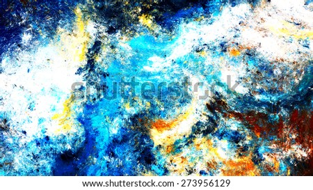 Blue waves artistic background. Artistic splashes of bright paints. Abstract color texture. Modern pattern for wallpaper, interior, flyer cover, poster. Fractal art for creative graphic design.