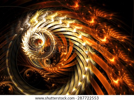 Bright golden spiral. Abstract futuristic background with lighting effect for creative design. Shiny template for wallpaper, poster, cover booklet, flyer, brochure, corporate card . Fractal artwork