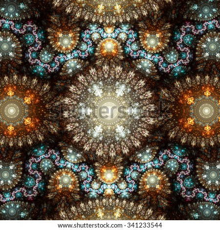 Abstract luxury ornate sparkle golden with silver bright pattern. Brilliant ornament background for Christmas designs. Glowing decoration cover invitation for holiday. Fractal art