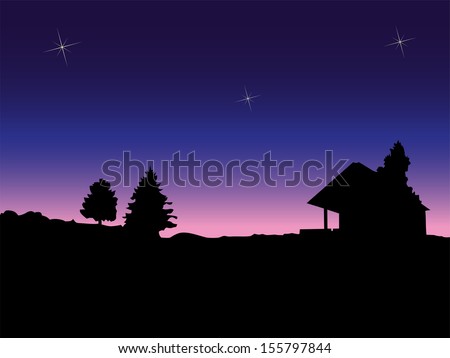 Dark silhouette of rural landscape after sunset