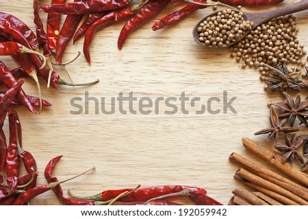 spices and herbs frame on a wooden background