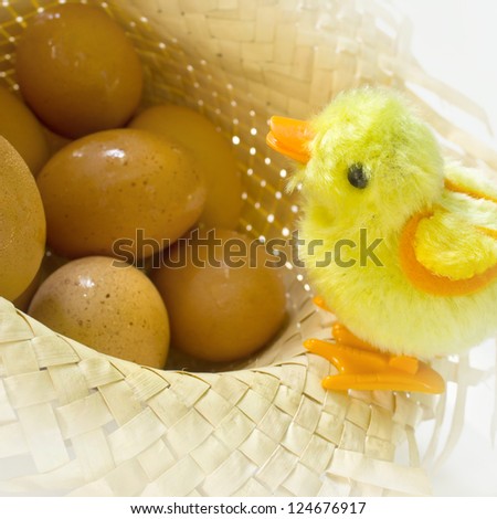 Toy chick standing with eggs