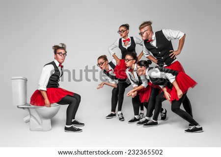 Strange people in red tutu with glasses