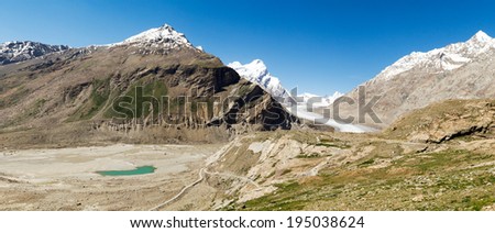 Glacier and mountain lake panorama (Zanskar, India)