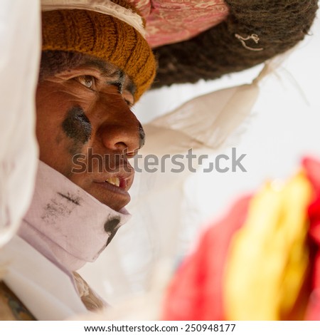 Korzok, INDIA - JUL 23: The monk performs a religious black hat dance during the Cham Dance Festival on Jul 23, 2012 in Korzok, India.