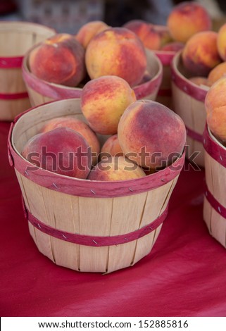 Fresh Picked Peaches in a Basket at a Farmers Market