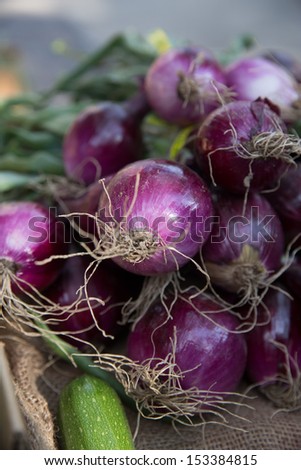 Locally Grown Organic Purple Onions in a Basket at the Farmers Market