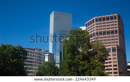 Close-Up of Denver Skyscrapers With Blue Sky