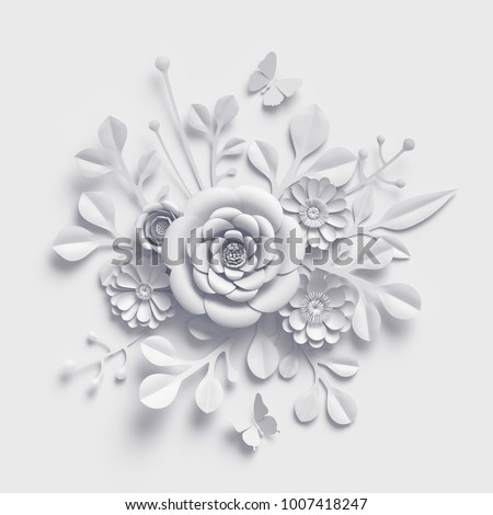 3d rendering, white paper flowers background, isolated botanical clip art, round bridal bouquet, wedding wall decoration, round floral arrangement