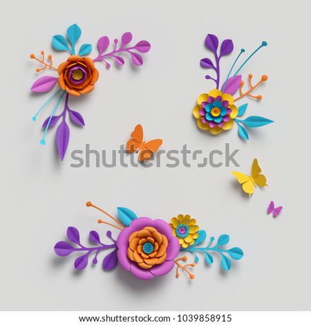 3d render, paper flowers clip art, decorative elements, floral background, botanical pattern, bright candy colors, vibrant palette, isolated on white