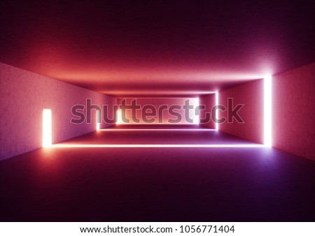 3d render of wide abstract illuminated empty corridor interior made of gray concrete, glowing red lines with shadow, daylight tunnel with no exit, violet light rays, minimalistic space