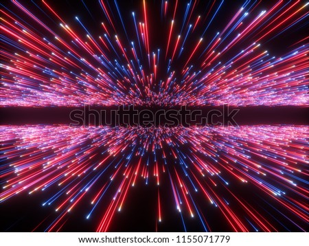 3d render, big bang, galaxy horizon, abstract cosmic background, celestial, beauty of universe, speed of light, fireworks, red blue neon glow, stars, cosmos, infrared light, outer space