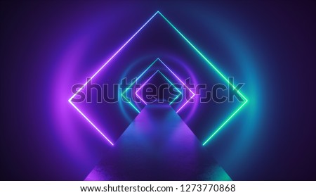 3d render, virtual reality environment, neon light, square esoteric portal, tunnel, corridor, ultraviolet abstract background, laser show, fashion catwalk podium, path, way, stage, floor reflection