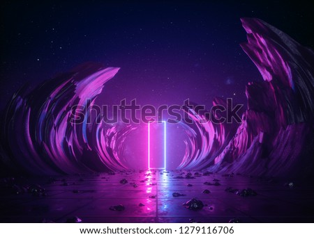 3d render, abstract background, cosmic landscape, rectangular portal, pink blue neon light, virtual reality, energy source, glowing quad, dark space, ultraviolet spectrum, laser, smoke, fog, ground
